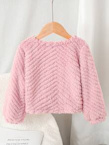 SHEIN Sparklyn 女童毛絨長袖開襟外套 秋季 - 粉色 - 查看 2