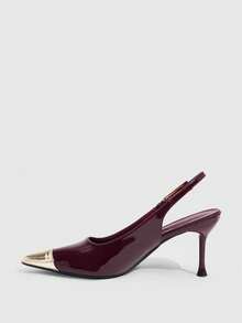 CUCCOO SZL Burgundy Patent Leather Metal Pointed Buckle Slingback Kitten Heel Shoes, Commuter Workplace Model - Burgundy - View 9