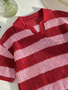 Comfortcana Plus Size Color Block Striped Hollow Knit Top Back-To-School Date Night Light Pink Summer 1920s 1950s Vintage - Red - View 4