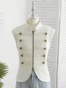 Chaleco de estilo Napoleón/militar de corte ajustado en color caqui claro para adolescentes - Adecuado para salidas y conciertos de música country - Albaricoque - Ver 9
