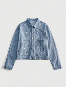 ROMWE MEN Street Life Washed Heavy-Duty Studded Pearl Fashion Casual Versatile Comfortable Men's Long Sleeve Top - Blue - View 1