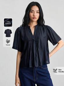Ontre 2026SS 新款度假風女款天絲藍色短袖牙籤褶皺娃娃上衣，簡約優雅都市現代百搭通勤教師外出夏季海灘休閒長裙婚禮賓客派對優雅A字茶會浪漫約會舒適面料寬鬆版型時尚百搭熱銷女裝上衣 - 藏蓝色 - 查看 2
