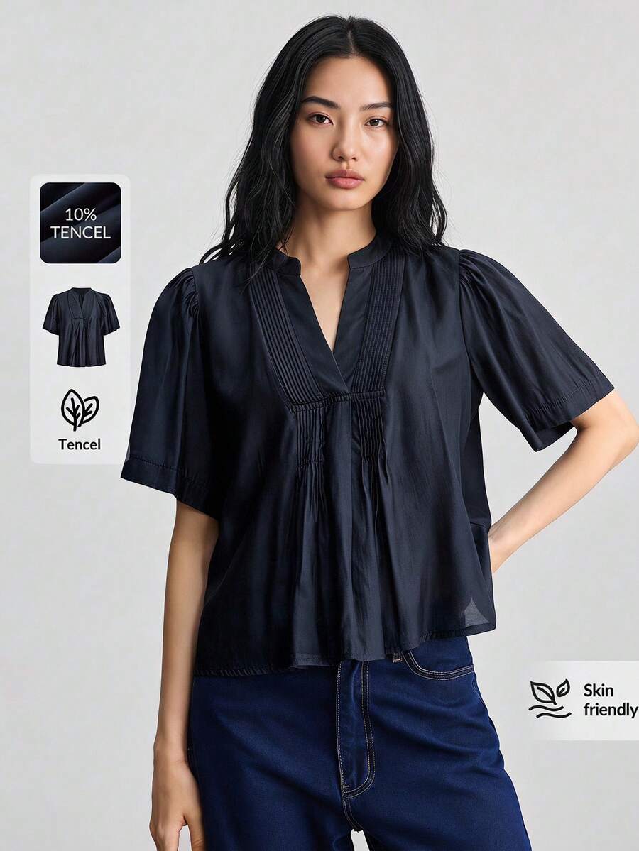 Ontre 2026SS 新款度假風女款天絲藍色短袖牙籤褶皺娃娃上衣，簡約優雅都市現代百搭通勤教師外出夏季海灘休閒長裙婚禮賓客派對優雅A字茶會浪漫約會舒適面料寬鬆版型時尚百搭熱銷女裝上衣 - 藏蓝色 - 查看 1