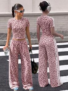 SHEIN 2pcs/Set Teen Short Sleeve & Long Pants Outfit, Pink Bow Ribbon, Suitable For Spring/Summer, Sports & Commute - Pink - View 1