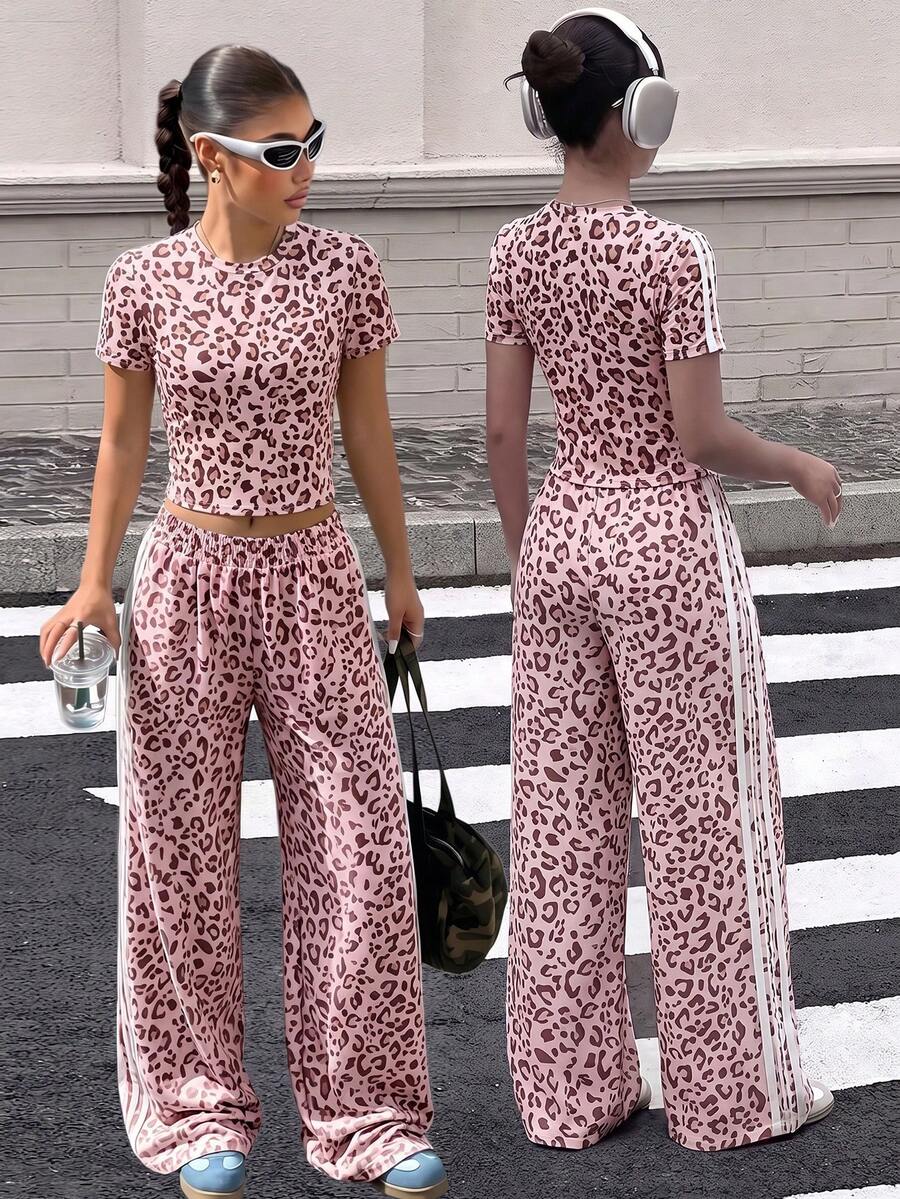 SHEIN 2pcs/Set Teen Short Sleeve & Long Pants Outfit, Pink Bow Ribbon, Suitable For Spring/Summer, Sports & Commute - Pink - View 1