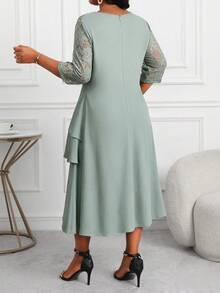 SHEIN Lady Plus Size Elegant Party Solid Color Lace Patchwork Dress - Green - View 2