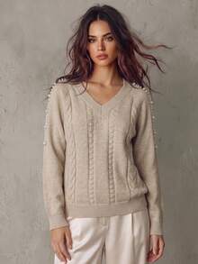 Franclia Women's Autumn/Winter Round Neck Cable Knit Heavy Beaded Design Casual Knit Pullover Sweater - Relaxed And Versatile - Camel - View 2