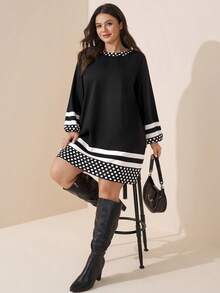 Comfylo Loose Long Sleeve Mid-Length Black Print Plus Size Dress Office Formal Evening Autumn Elegant - Black - View 5