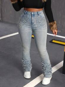 Slaydiva Plus Size Women's Stretch Denim Jeans, American Vintage Distressed Washed Design, Autumn Streetwear Cool Extended Length Skinny Stacked Jeans - Medium Wash - View 2