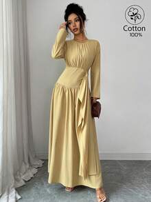 SHEIN Clasi Women's Fall Casual Modest Elegant Cinched Waist Pleated Design Solid Color Long Sleeve Cotton Blend Dress For Dating Tea Party Everyday Brunch Outing - Mustard Yellow - View 10