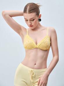 Softvol 1pc Women's Sexy Shiny Lace Wireless Comfortable Triangle Cup Backless Bra - Yellow - View 3