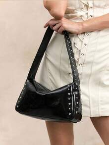 Viva Strut Women's Fashionable Personalized Simple Versatile Street Style Rivet Decoration Shoulder Bag, Hobo Bag, Retro Black Faux Leather, Daily Shopping - Black - View 2