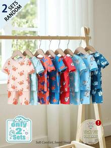 [2 Set Acak] 1 Set Piyama Bayi Laki-laki Musim Panas Motif Kartun Hewan Pas Badan Lengan Pendek & Celana Pendek Rajutan Lembut - MultiWarna - View 3