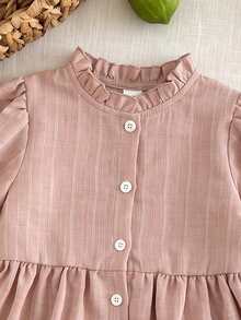 SHEIN 女童 4-7歲 緞面細肩帶 V領純色絲滑優雅仙女公主風派對嬰兒洗禮白色秋季吊帶洋裝 - 粉色 - 查看 3