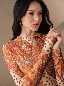 Anewsta Women's Spring/Summer Brown Tone Cashew Flower & Polka Dot Patchwork Slim Fit Sheer Mesh Long Sleeve T-Shirt, Commute, Date, Daily Layering Inner Top - Brown - View 1