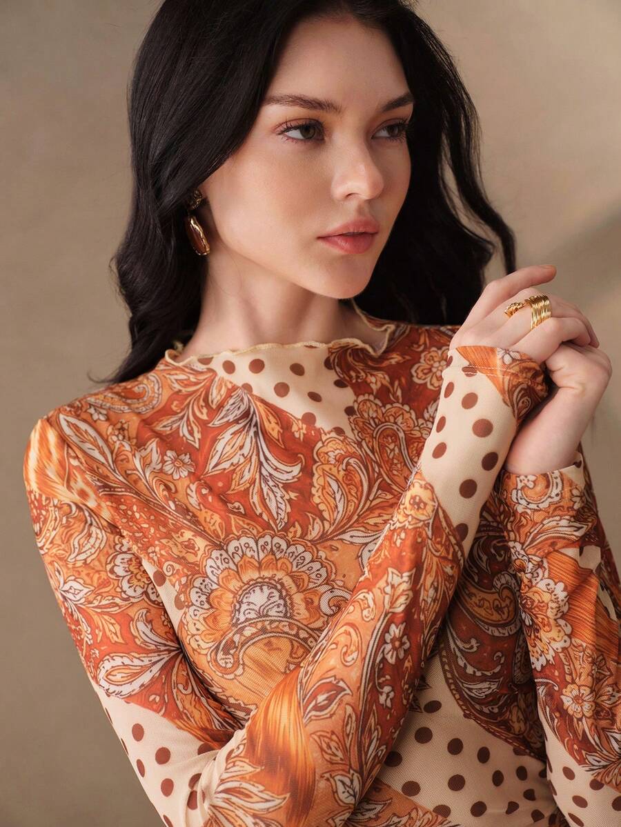 Anewsta Women's Spring/Summer Brown Tone Cashew Flower & Polka Dot Patchwork Slim Fit Sheer Mesh Long Sleeve T-Shirt, Commute, Date, Daily Layering Inner Top - Brown - View 1