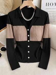 GlowEve CURVE Women's Fashion Elegant Long Sleeve Turn Collar Colorblock Button T-Shirt, Suitable For Daily Commute And Home Wear - Black - View 4