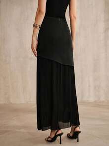 Anewsta Rok Wanita Model Lipit Chiffon Patchwork Asimetris Elegan Terbaru - Hitam - View 7
