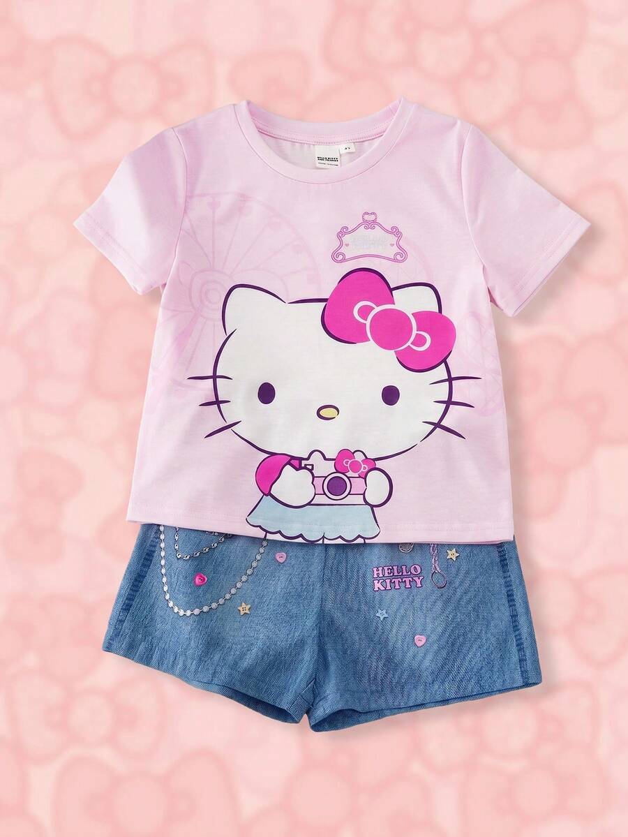 HELLO KITTY AND FRIENDS | SHEIN Fun Casual Style Young Girl Cartoon Print Round Neck Short Sleeve T-Shirt And Shorts Comfortable Set - Multicolor - View 1
