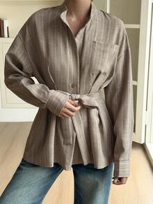 DAZY Women's Small Stand Collar Loose Waist-Cinching Casual Blouse Fall - Khaki - View 5