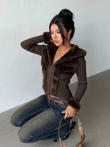 Aloruh Women's Autumn/Winter Faux Fur Patchwork Design Fur Collar Y2K New Retro Street Fashion Jacket - Coffee Brown - View 6