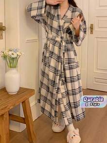 女款多圖案V領裹身式浴袍，長袖自綁帶寬鬆居家服，附口袋，輕盈透氣夏季居家晨袍 M-XL - 彩色 - 查看 1