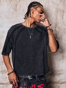 Skyrend Men's Casual Loose Fit Short Sleeve T-Shirt, Standard Size, Deep Gray Heather Splice Plain Gothic Punk Streetwear For Emo Boy Graphic Tee Men Grunge - Dark Grey - View 6