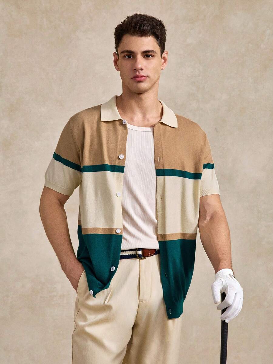 Courvante Men's Contrast Color Short Sleeve Single Breasted Casual Knit Cardigan Fall