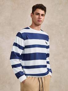 Men's Simple Blue And White Striped Pattern Pullover Sweatshirt, Suitable For Autumn/Winter Striped Long Sleeve - White - View 4