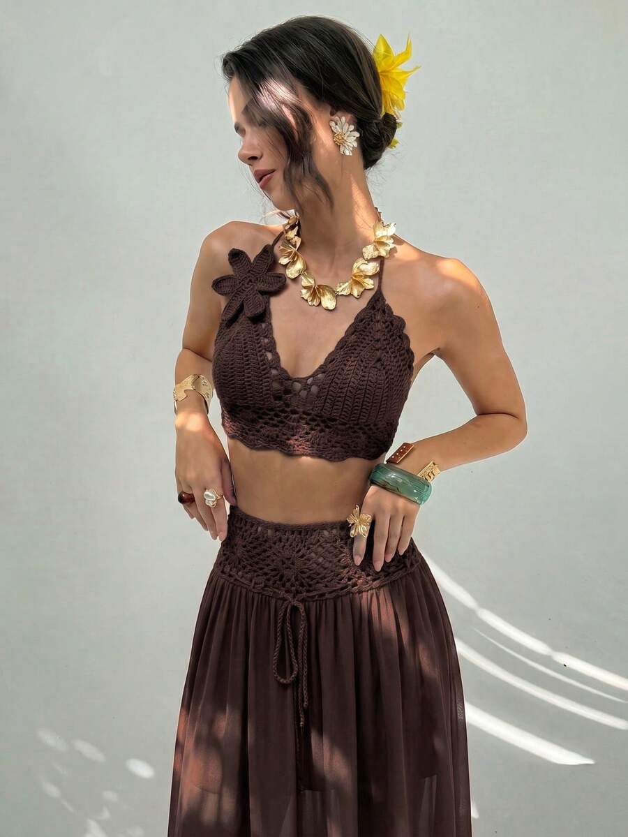 Aloruh Women's 3D Floral Decor Halter Top And Skirt Knit Two Pieces Set - Coffee Brown - View 1