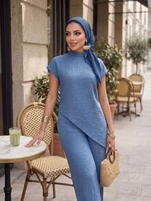 Auveirra 2pcs Women Solid Color Batwing Sleeve Asymmetrical Hem Shirt And Pants Casual Set - Blue - View 1