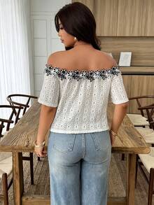 Weeklong Plus Size Women's Casual Off-Shoulder Contrast Color Ruffle Decor Textured Knit T-Shirt, Spring/Summer - Apricot - View 2