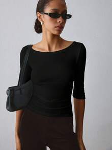 ATUI Studio Women's Casual Versatile Solid Color Fitted T-Shirt - Black - View 7