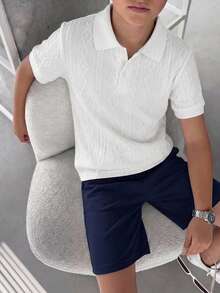 SHEIN Tween Boys Casual Basic Textured Design Solid Color Short Sleeve Polo Shirt, Suitable For Spring/Summer, Daily Wear, Sports, Outings, School, Parties, Holidays, Photoshoots And More - White - View 6