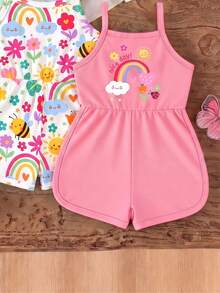 3pcs/Set Baby Girls' White Cute Summer Vacation Rainbow Cartoon Print Spaghetti Strap Round Neck Soft Comfortable Casual Versatile Rompers,2026 New - Multicolor - View 3