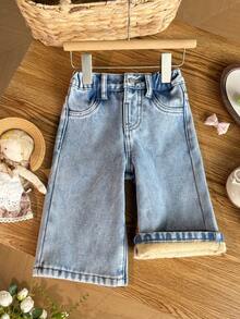SHEIN 女嬰秋冬 Y2K 保暖粉色蝴蝶結刺繡藍色丹寧刷毛內裡寬鬆牛仔褲，適合日常穿著，保暖牛仔褲，生日禮物 - 淺色水洗藍 - 查看 5