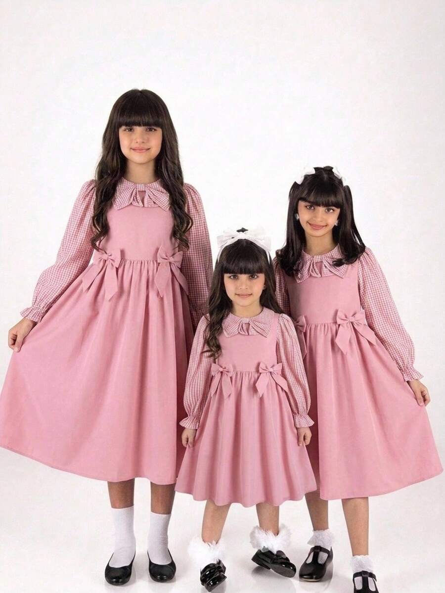 SHEIN Tween女孩返校穿搭修身粉色與白色拼接長袖洋裝,3D蝴蝶結裝飾,開領設計,復古學院風,精緻粉色與白色格紋,大蝴蝶結點綴,大彼得潘領襯衫洋裝,休閒校園風 - 粉色 - 查看 1