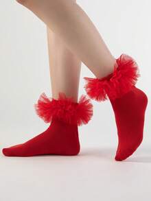 ROMWE Kawaii Women's Medium Tube Socks With Ruffled Edges, Lace Ruffles - Red A6 - View 2