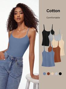 SHEIN BASICS 1件女款純色修身休閒細肩帶背心上衣 白色上衣 - 藍色 - 查看 10