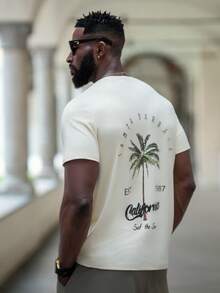 thenoahjr thenoahjr Coastal | Summer New Men's Coconut Tree Letter Print Short Sleeve Round Neck T-Shirt, Casual Vacation Wear - Apricot - View 3