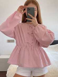 Hapijoa Tween Girls Round Neck Pullover Bow Decor Long Sleeve Autumn Waist-Cinching Blouse - Pink - View 9