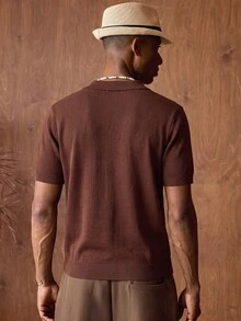 AKNOTIC Men's Solid Color Collared Short Sleeve Casual Knit Top - Coffee Brown - View 4
