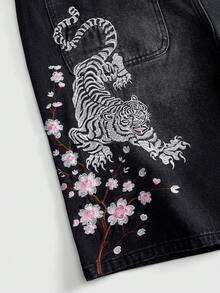 ROMWE MEN Men's Loose Fit Denim Shorts With Tiger Embroidery Pattern - Black - View 2