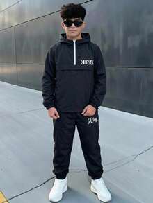 SHEIN 2pcs Kids Tween Boy Half-Zip Hooded Jacket And Jogger Pants Set, Casual Sports Style For Autumn/Winter - Red - View 4