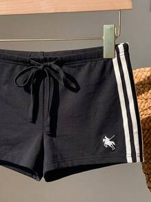 Comfortcana 女款馬術刺繡側條紋抽繩腰短褲 - 黑色 - 查看 3