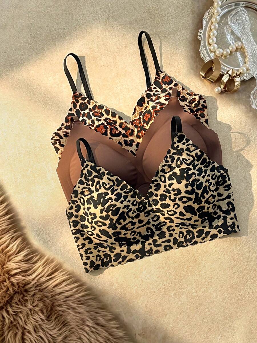 Bare Chapter Sexy Leopard Print Solid Color Wavy Edge Bonded Seamless Lingerie Set 3pcs - Multicolor - View 1