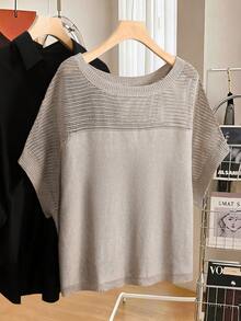 Lacomfia Plus Size Women Solid Color Round Neck Batwing Short Sleeve Hollow Out Knit Top - Apricot - View 7