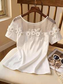 SHEIN Lady Kaos Wanita Lengan Pendek Elegan Musim Panas dengan Aplikasi Jala Kontras - Putih - View 3