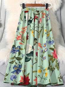 EMERY ROSE Plus Size Women's Floral Print Elastic Waist Casual Skirt For Vacation - Multicolor - View 1