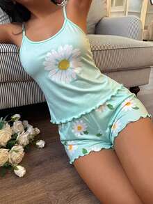 SHEIN 女款花卉印花細肩帶背心與短褲睡衣套裝 - 彩色 - 查看 6